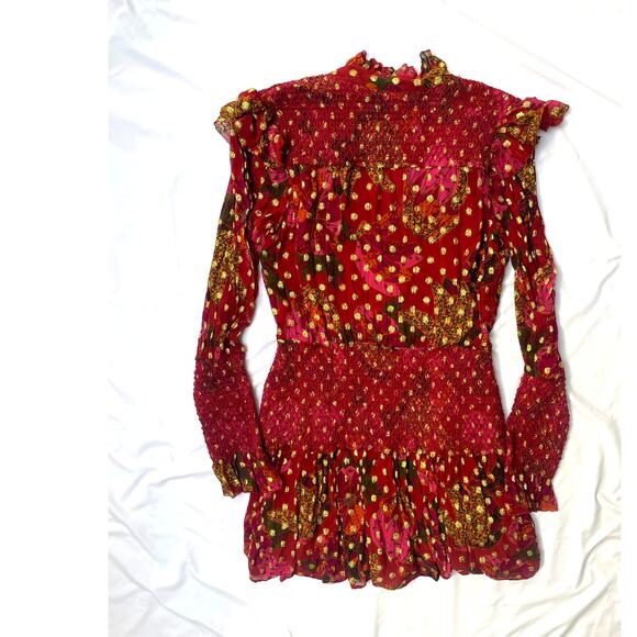 FARM RIO Red Banana Flowers Smocked Mini Dress Red Gold Metallic Dots, Medium - Picture 4 of 4